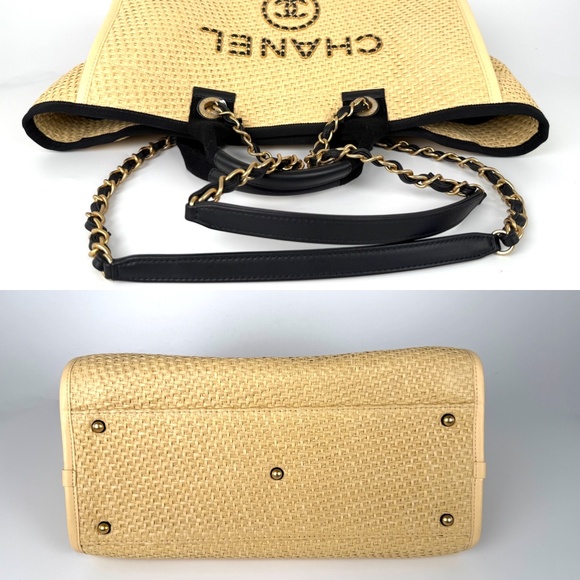 Authentic CHANEL Deauville Straw Raffia Calfskin Beige Large Shopping Tote - Picture 6 of 11